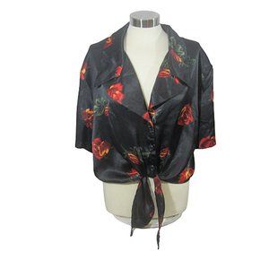 Miss California Apparel vintage button top tied knot shirt 1970s floral rayon XL